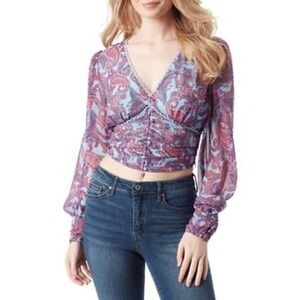 NWT‎ Jessica Simpson Laira Paisley Blouse Sz M Ruched Long Sleeve V Neck Cropped